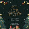  Pre-Christmas party invitation. The text is in the middle of the picture, the background is black with colorful Christmas decorations. Decorated Christmas trees protrude into the picture on the right and left. 