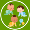 Three crawling children and a rattle are shown in a white circle.