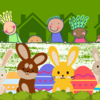  A collection of Easter bunnies sits on a meadow. A row of houses can be seen behind them. In front of this row of houses, children are looking over the wall at the Easter bunnies. 