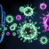 Graphic of turquoise and violet viruses against black background warded off by light blue outline of a hand in the left half of the image.