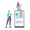 The illustration shows two women, one sitting on an oversized cell phone with the LinkedIn app open on the screen. The other woman is standing next to it on the left and pointing at the logo.