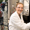 Left picture: Steffi Dorn after a finish on the mountain bike, right picture: Steffi Dorn at an apparatus in the lab